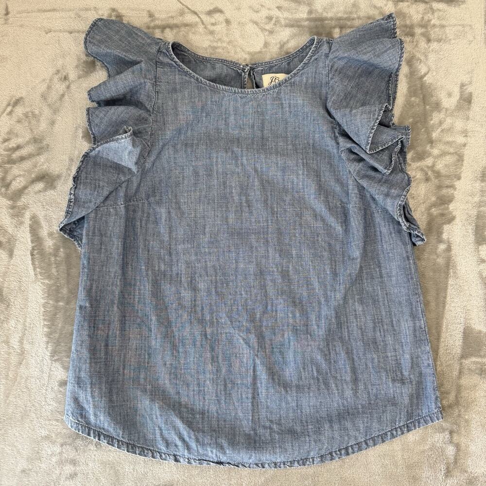 J Crew Women’s Chambray Ruffle Sleeve Top Size 6 Blue Denim Cotton Blouse Boho